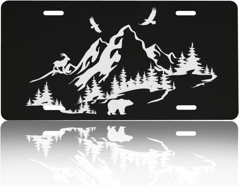 CTVSLFU Front License Plate Cover – Aluminum Metal Car Accessory, Rust-Proof Novelty Vanity Tag Decor for Men & Women, 6x12 with 4 Holes - Black White Mountain 012 - Image 1